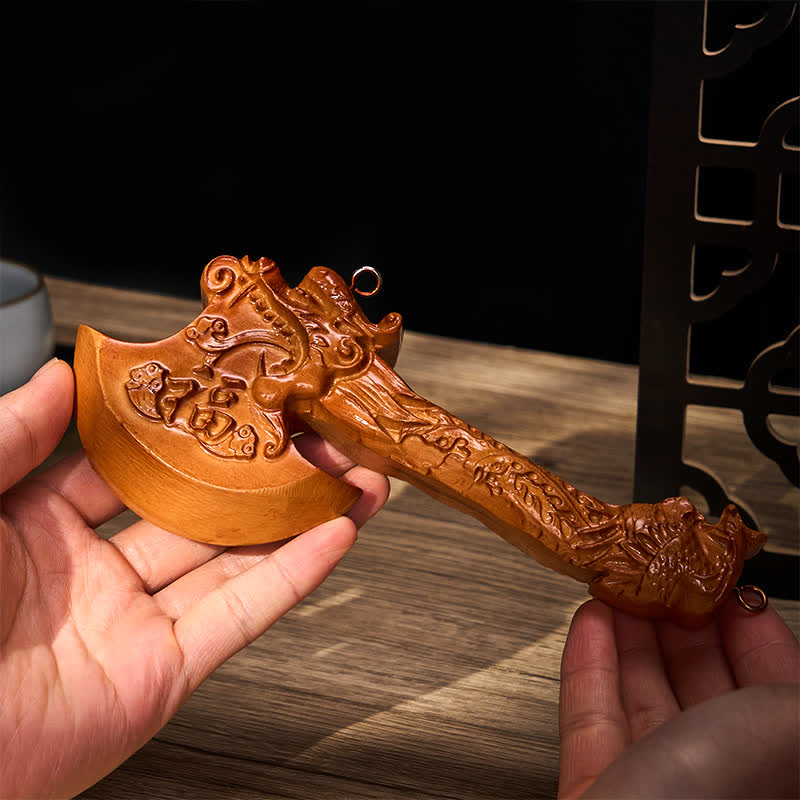 Nimara Ritual Hand Carved Peach Wood Fu Character Dragon Sword Strength Ritual Wall Hanging