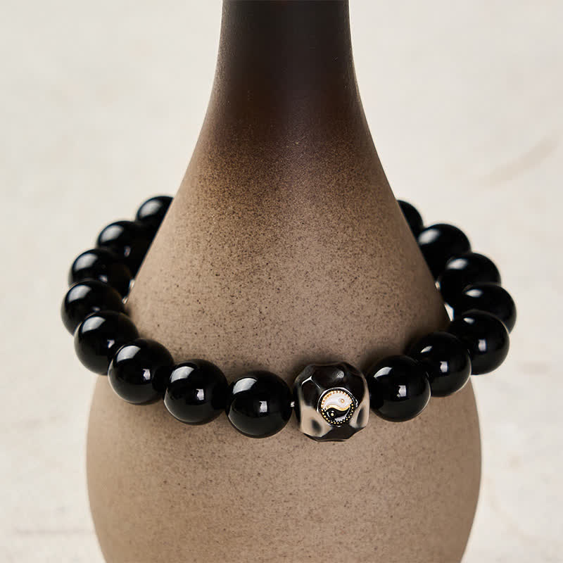Nimara Ritual Tibetan Agate Yin Yang Wealth Round Bead Bracelet