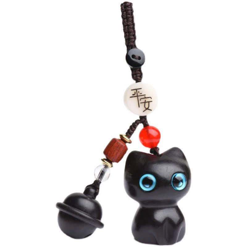 Protection and Fortune Ebony Wood & Red Sandalwood Hand Carved Cat Bell Keychains