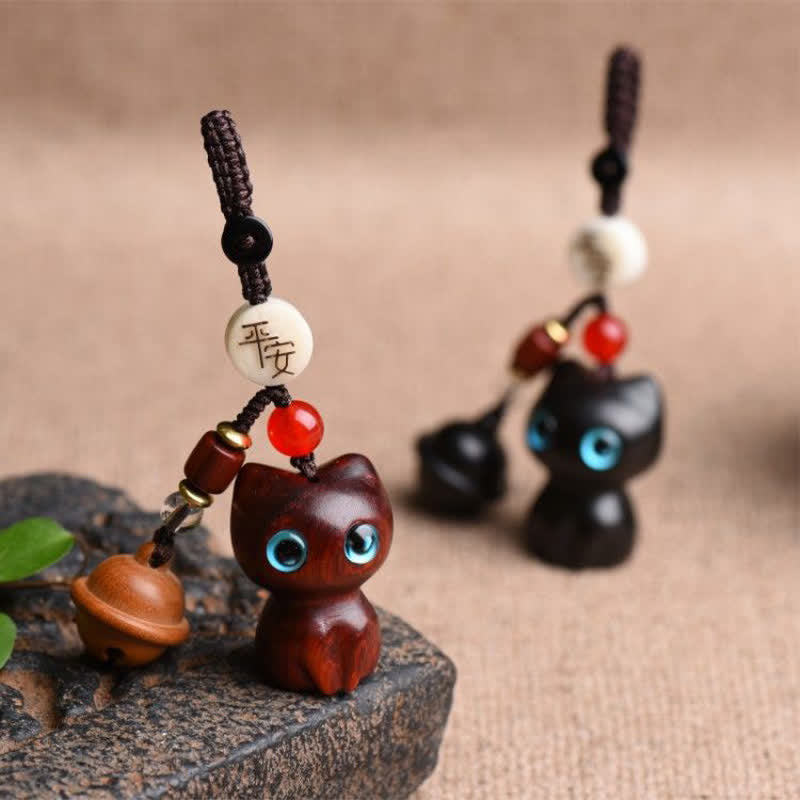 Protection and Fortune Ebony Wood & Red Sandalwood Hand Carved Cat Bell Keychains