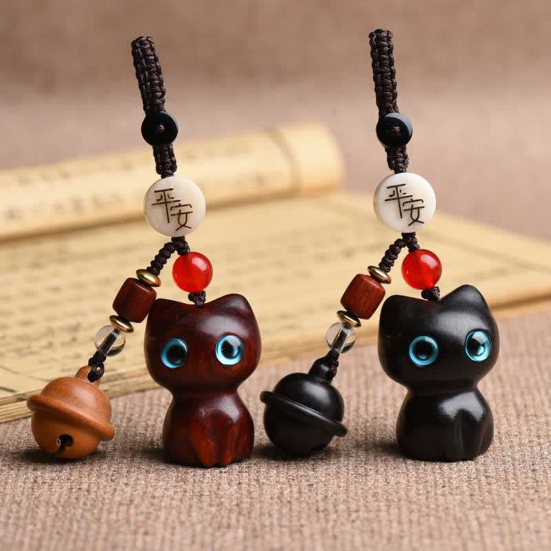 Nimara Ritual Ebony Wood & Red Sandalwood Hand Carved Cat Bell Protection Keychains