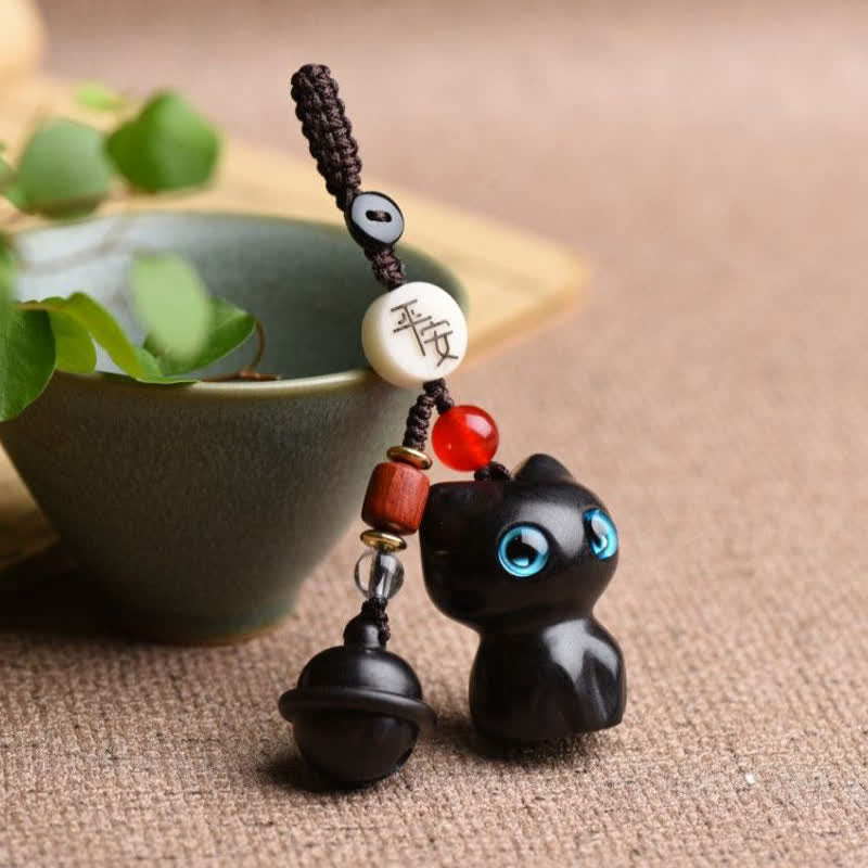 Nimara Ritual Ebony Wood & Red Sandalwood Hand Carved Cat Bell Protection Keychains