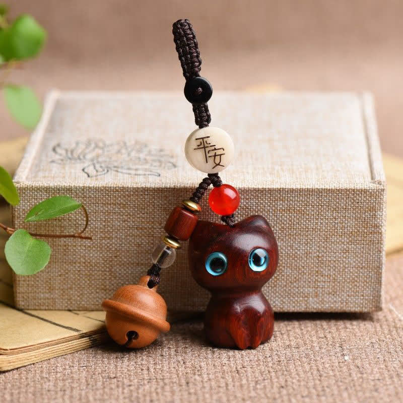 Nimara Ritual Ebony Wood & Red Sandalwood Hand Carved Cat Bell Protection Keychains