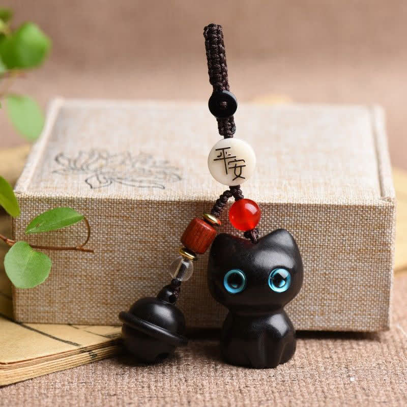 Nimara Ritual Ebony Wood & Red Sandalwood Hand Carved Cat Bell Protection Keychains