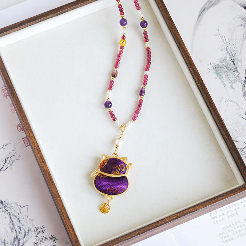 Nimara Ritual Song Brocade Fabric Lucky Beckoning Cat Fu Character Blessing Necklace