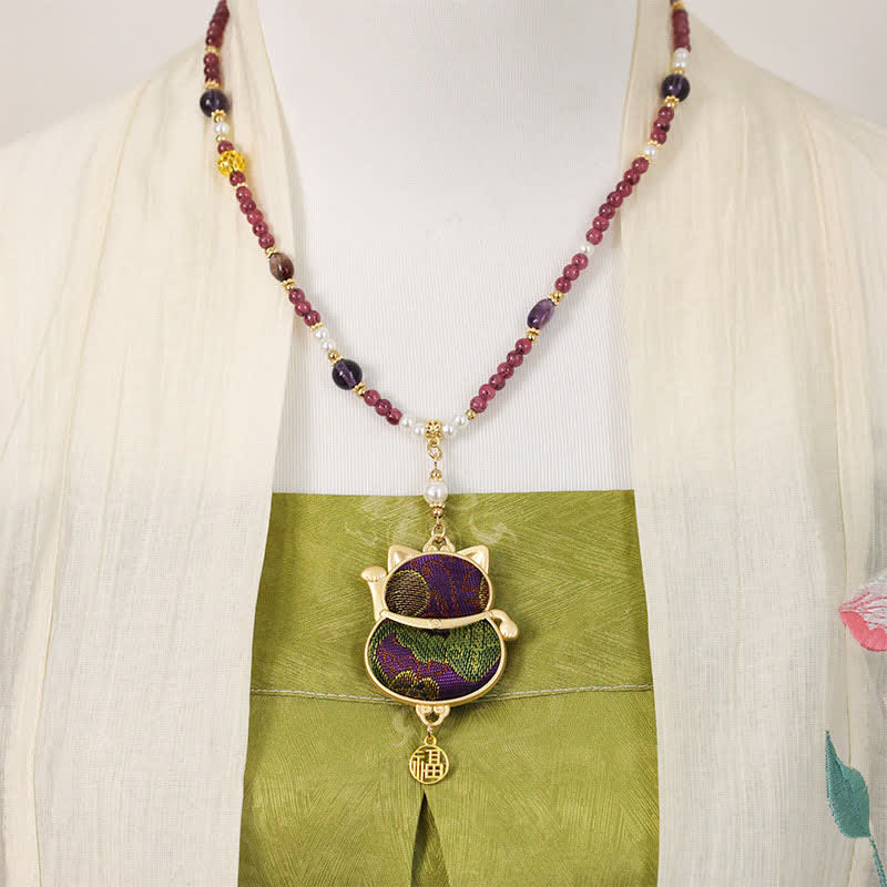 Nimara Ritual Song Brocade Fabric Lucky Beckoning Cat Fu Character Blessing Necklace