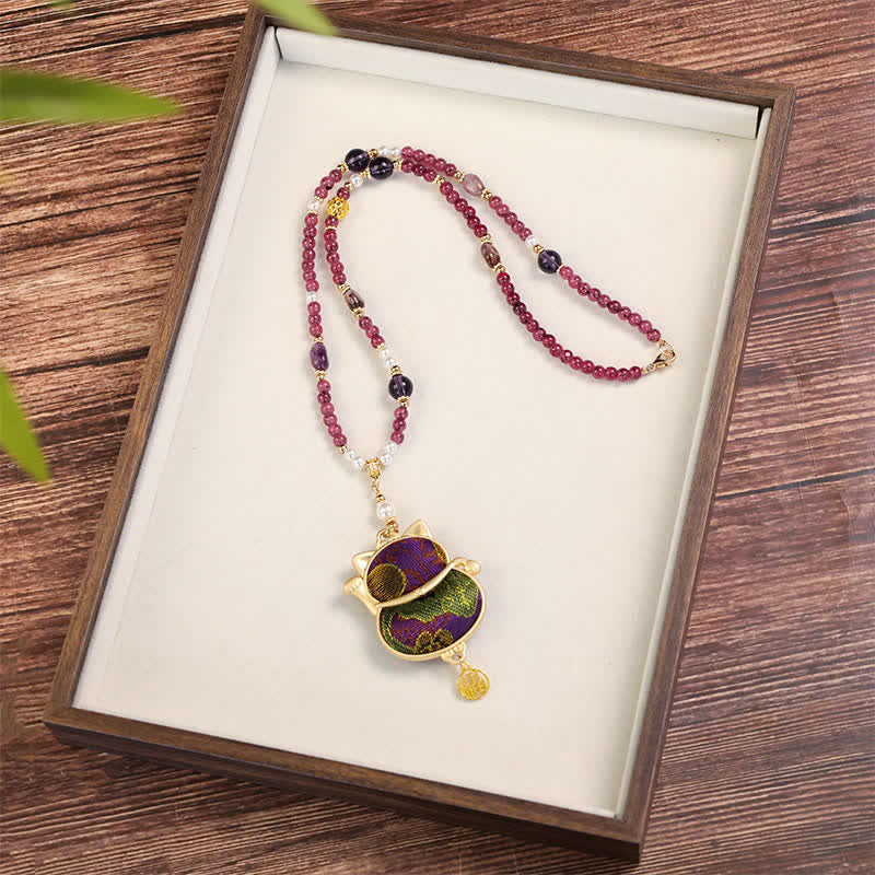 Nimara Ritual Song Brocade Fabric Lucky Beckoning Cat Fu Character Blessing Necklace