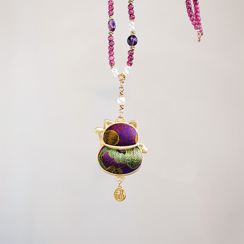 Nimara Ritual Song Brocade Fabric Lucky Beckoning Cat Fu Character Blessing Necklace
