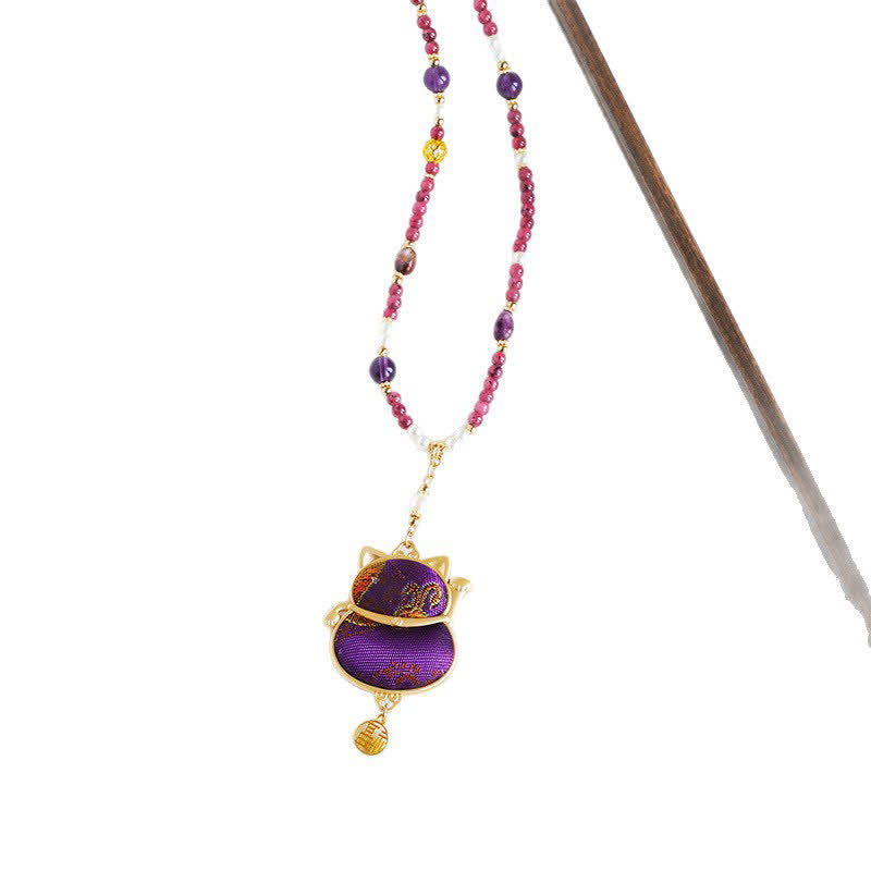 Nimara Ritual Song Brocade Fabric Lucky Beckoning Cat Fu Character Blessing Necklace