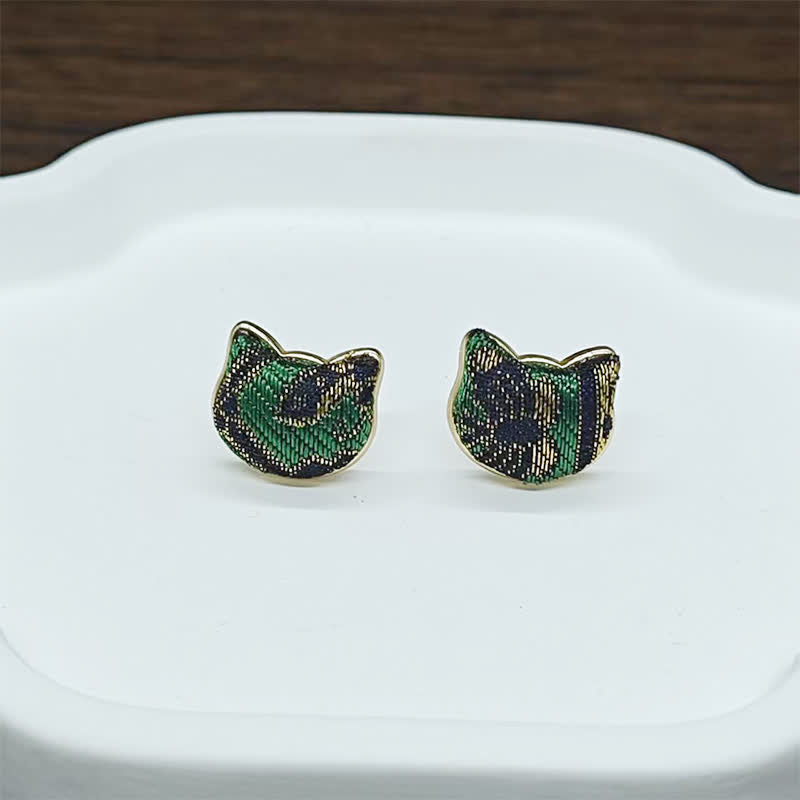 Nimara Ritual Handmade Song Brocade Cat Blessing Chinese Vintage Earrings