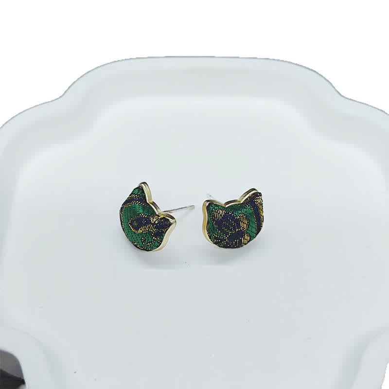 Nimara Ritual Handmade Song Brocade Cat Blessing Chinese Vintage Earrings