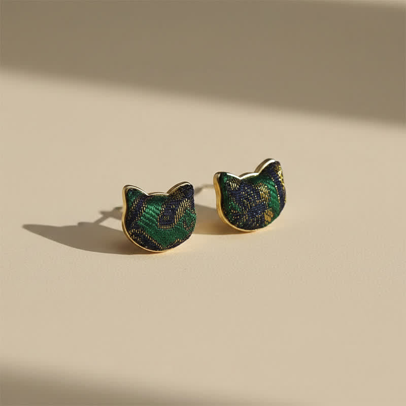 Nimara Ritual Handmade Song Brocade Cat Blessing Chinese Vintage Earrings