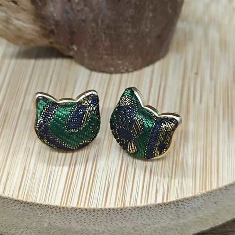 Nimara Ritual Handmade Song Brocade Cat Blessing Chinese Vintage Earrings