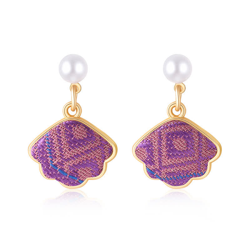 Nimara Ritual Pearl Handcrafted Song Brocade Fan Shell Elegance Earrings