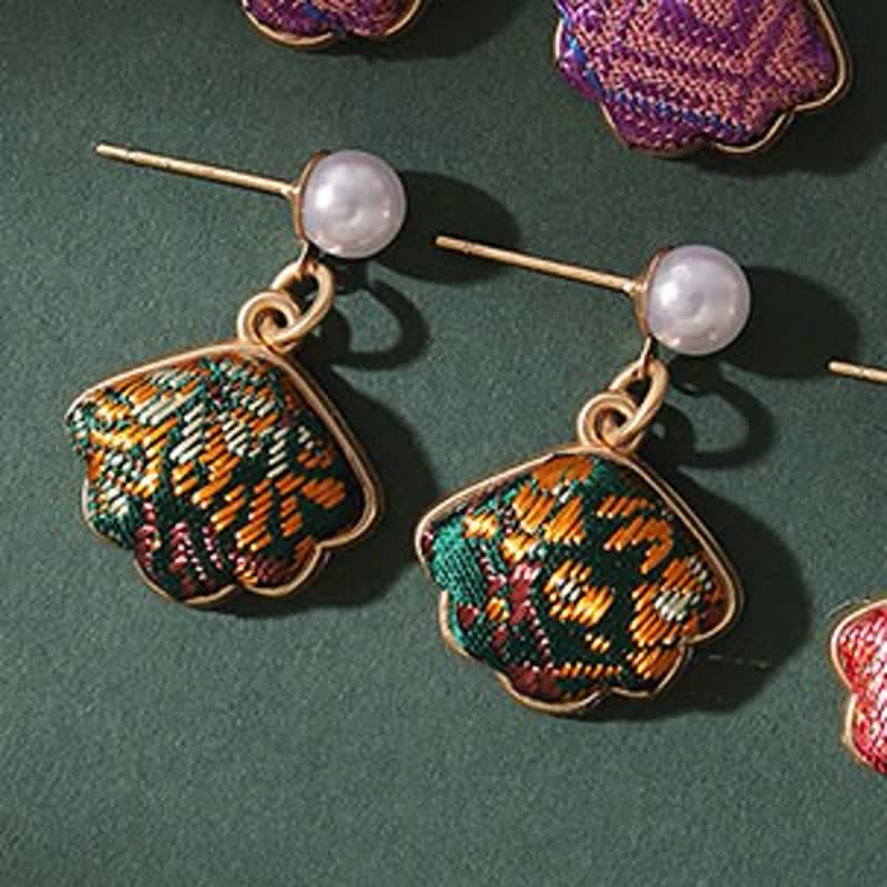 Nimara Ritual Pearl Handcrafted Song Brocade Fan Shell Elegance Earrings