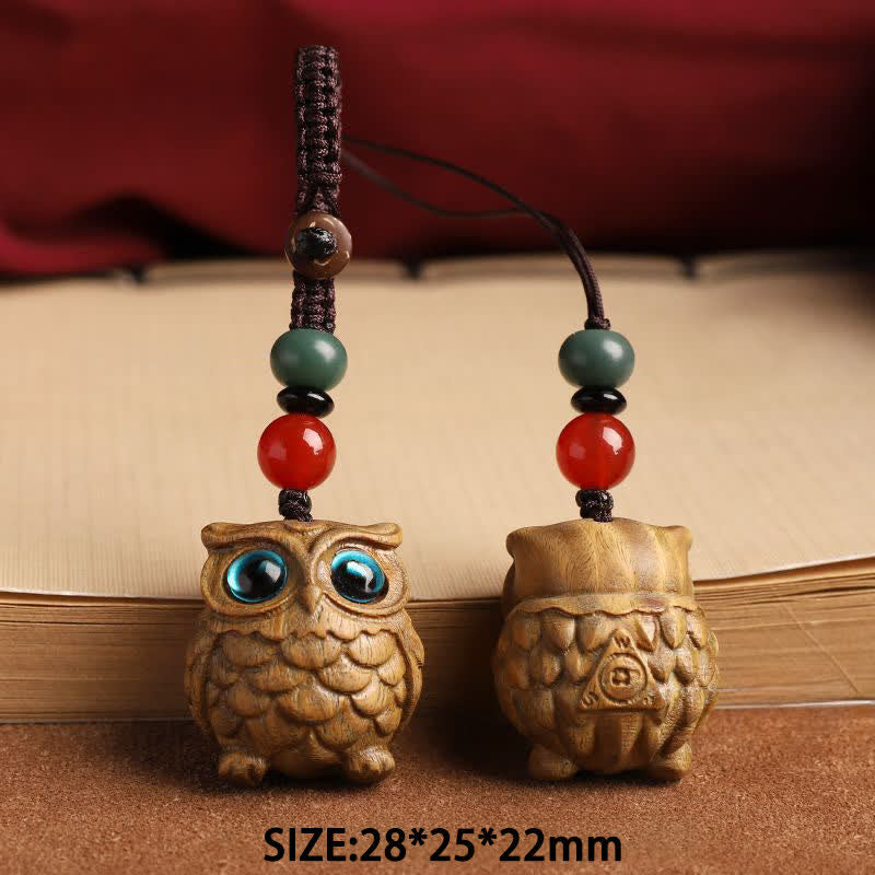 Serenity and Peace Green Sandalwood Owl Hand Carved Braided Keychains
