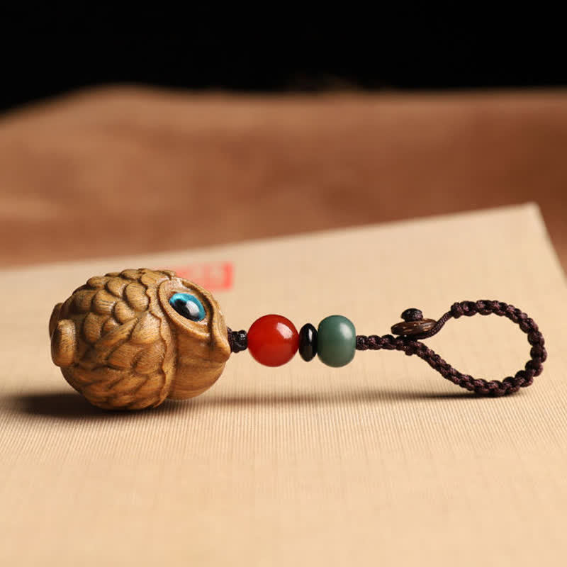 Serenity and Peace Green Sandalwood Owl Hand Carved Braided Keychains