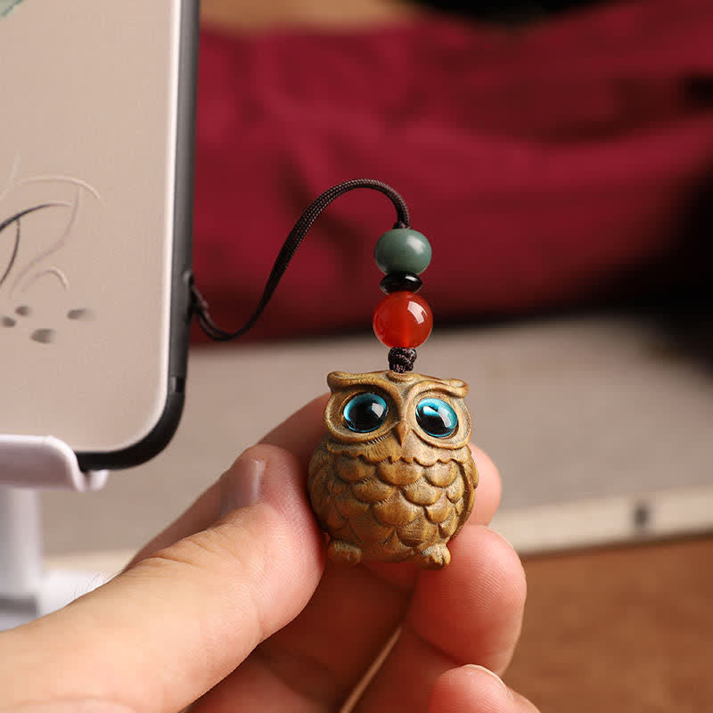 Serenity and Peace Green Sandalwood Owl Hand Carved Braided Keychains