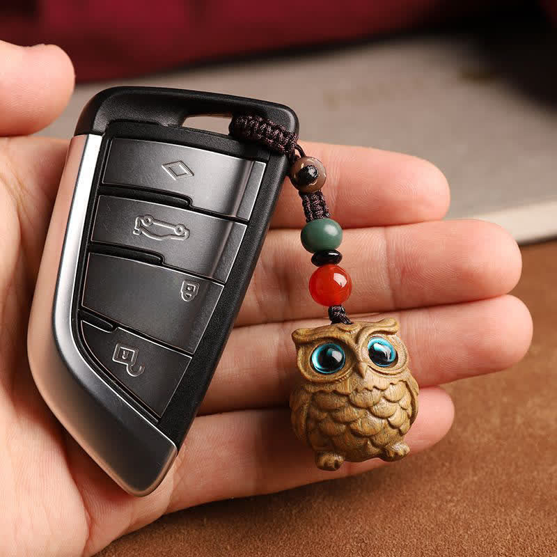 Serenity and Peace Green Sandalwood Owl Hand Carved Braided Keychains