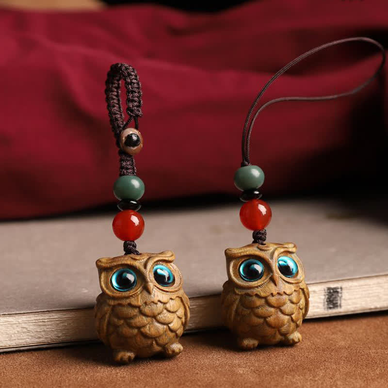 Nimara Ritual Green Sandalwood Owl Serenity Hand Carved Braided Keychains