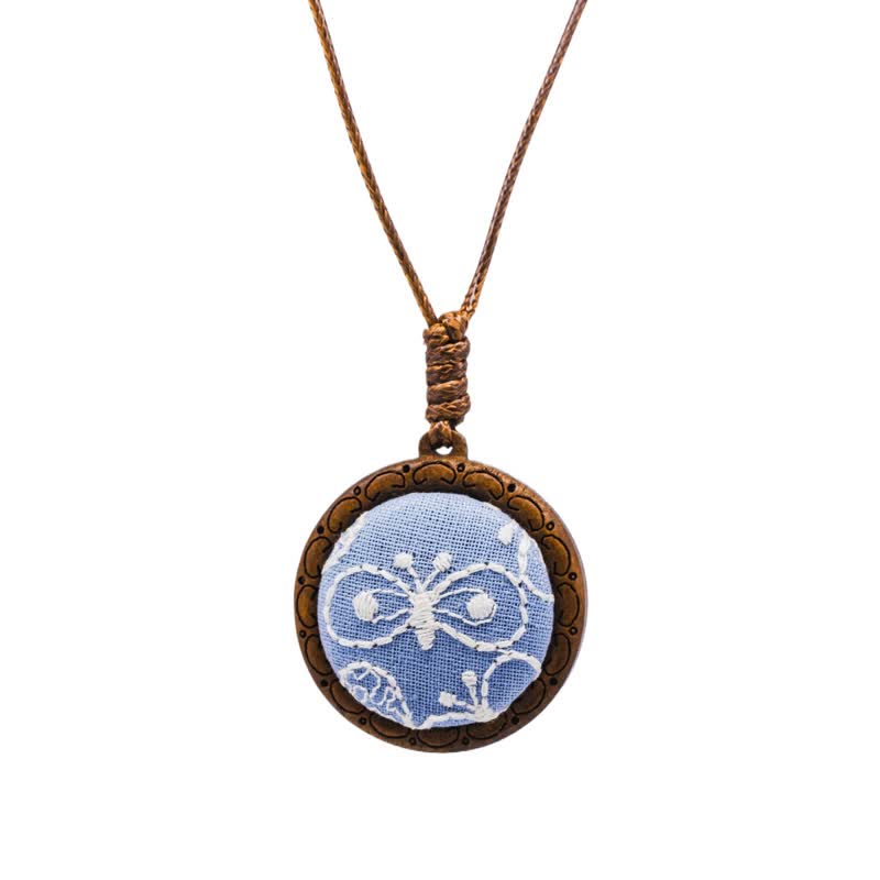 Nimara Ritual Wooden Hand Carved Embroidered Flower Butterfly Grounding Round Necklace