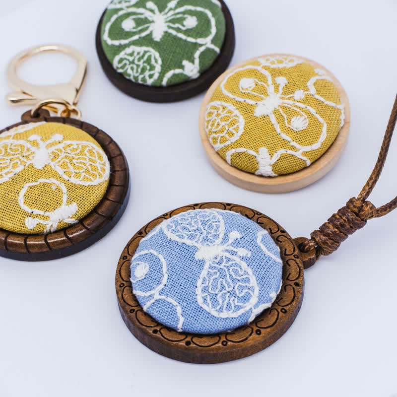 Nimara Ritual Wooden Hand Carved Embroidered Flower Butterfly Grounding Round Necklace