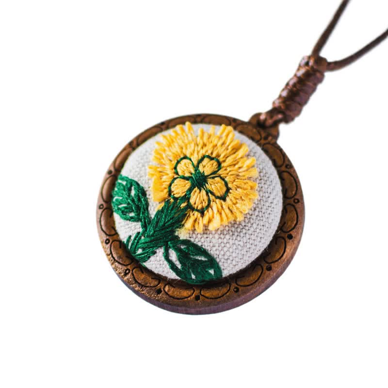 Nimara Ritual Wooden Hand Carved Embroidered Flower Butterfly Grounding Round Necklace