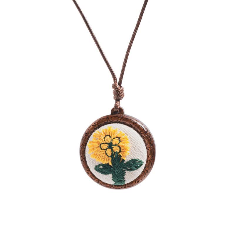 Nimara Ritual Wooden Hand Carved Embroidered Flower Butterfly Grounding Round Necklace
