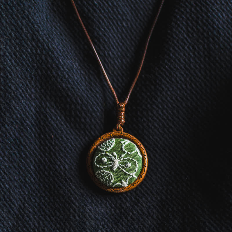 Nimara Ritual Wooden Hand Carved Embroidered Flower Butterfly Grounding Round Necklace