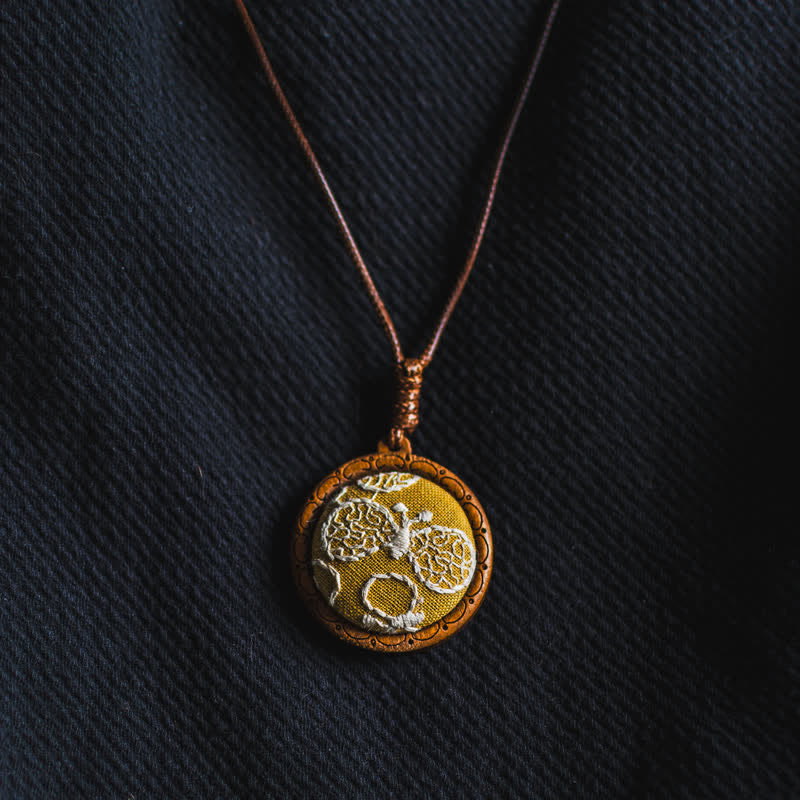 Nimara Ritual Wooden Hand Carved Embroidered Flower Butterfly Grounding Round Necklace