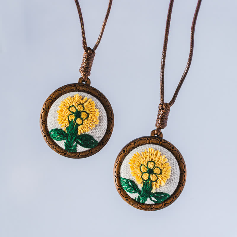 Nimara Ritual Wooden Hand Carved Embroidered Flower Butterfly Grounding Round Necklace