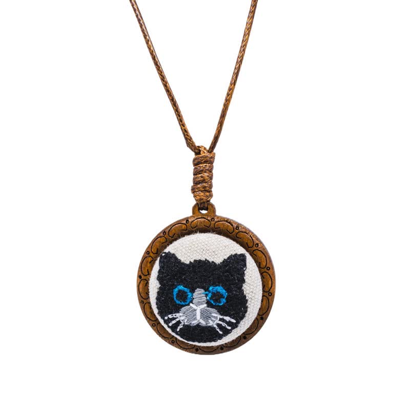 Nimara Ritual Wood Cat Luck Embroidered Round Pendant Necklace