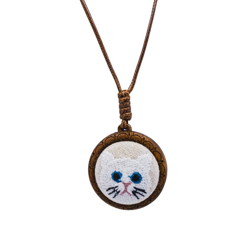 Nimara Ritual Wood Cat Luck Embroidered Round Pendant Necklace