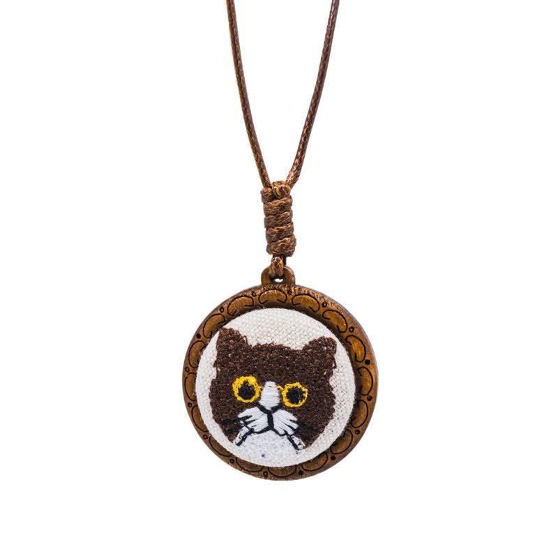 Nimara Ritual Wood Cat Luck Embroidered Round Pendant Necklace