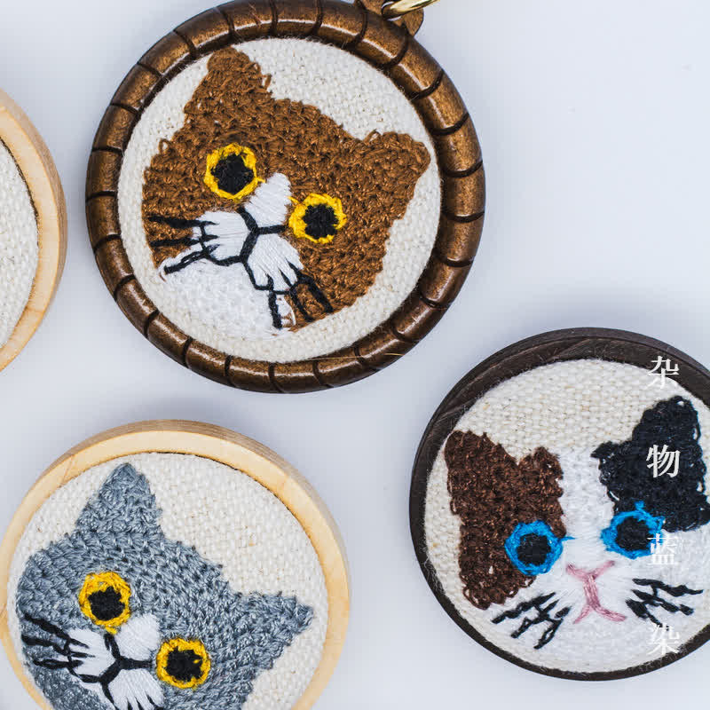 Nimara Ritual Wood Cat Luck Embroidered Round Pendant Necklace