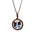 Nimara Ritual Wood Cat Luck Embroidered Round Pendant Necklace