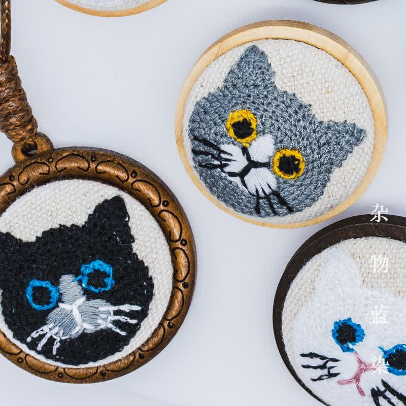 Nimara Ritual Wood Cat Luck Embroidered Round Pendant Necklace