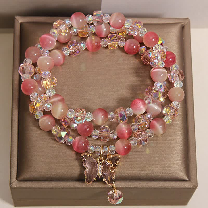 Nimara Ritual Peach Cat's Eye Butterfly Love Triple Wrap Faceted Bracelet