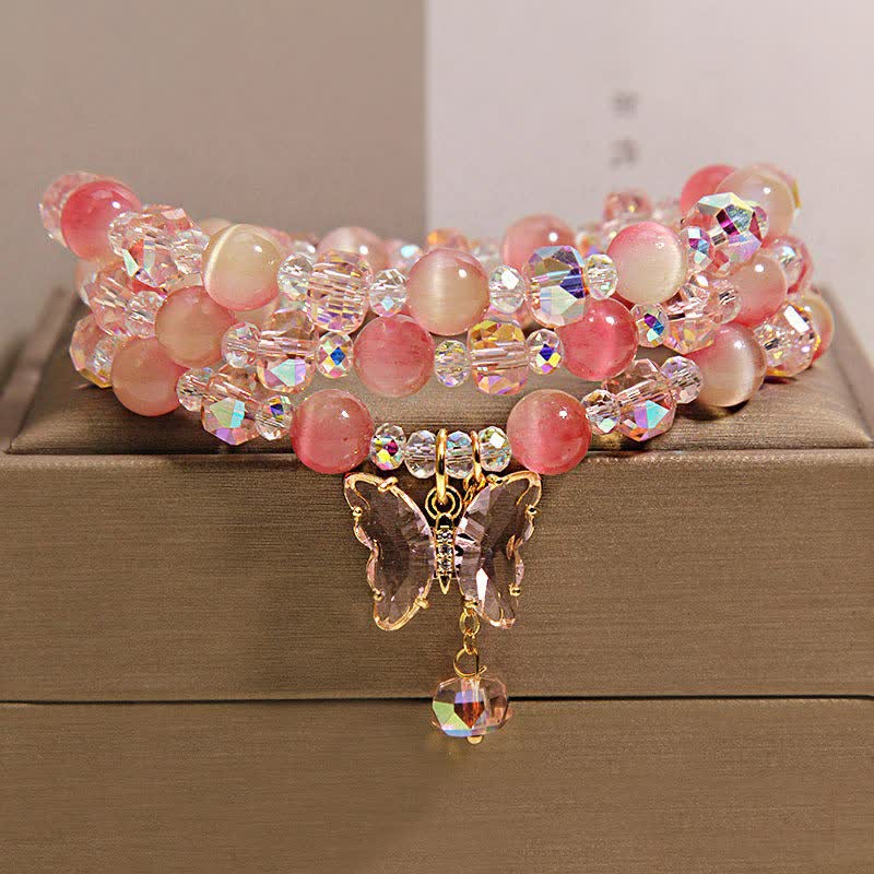 Nimara Ritual Peach Cat's Eye Butterfly Love Triple Wrap Faceted Bracelet