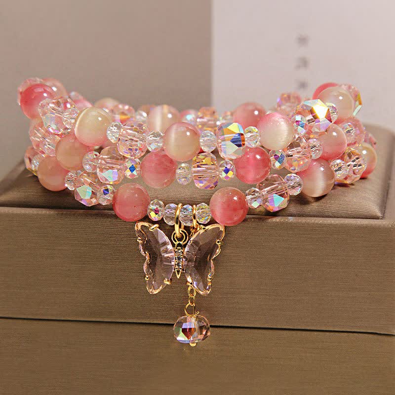 Nimara Ritual Peach Cat's Eye Butterfly Love Triple Wrap Faceted Bracelet