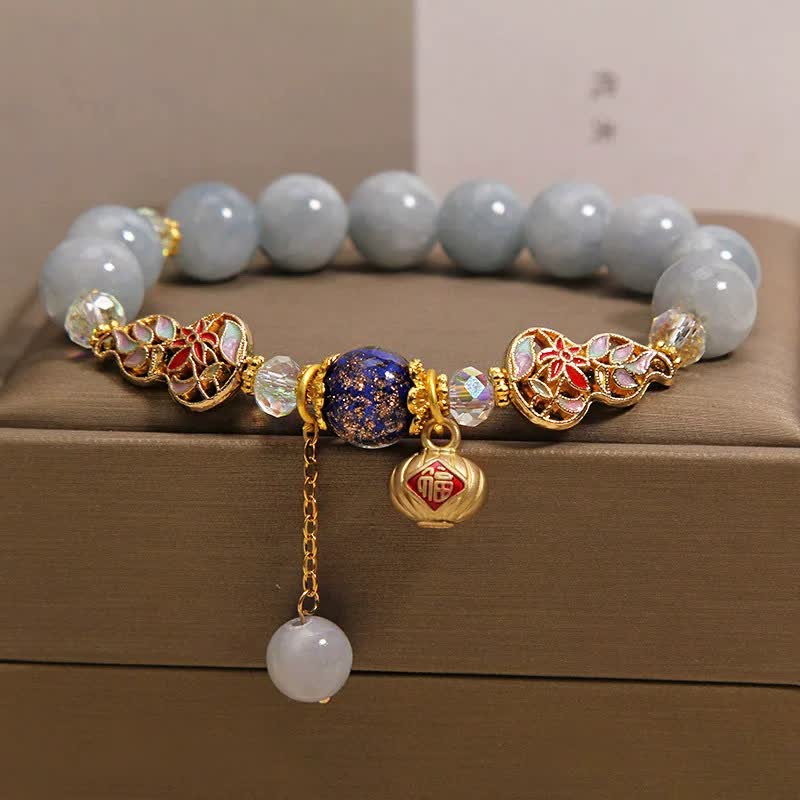 Nimara Ritual Aquamarine Fu Character Luck CloisonnA Gourd Dangle Round Bracelet