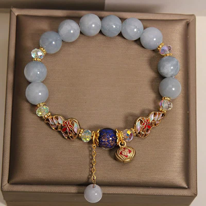 Nimara Ritual Aquamarine Fu Character Luck CloisonnA Gourd Dangle Round Bracelet
