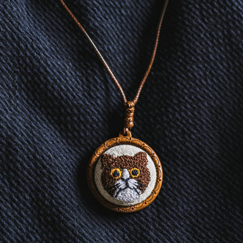 Nimara Ritual Wood Cat Luck Embroidered Round Pendant Necklace