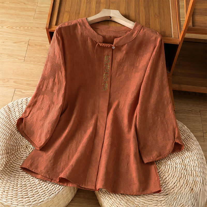 Nimara Ritual Summer Boho Tang Style Embroidery Drawstring Solid Women's Short Sleeve Shirts