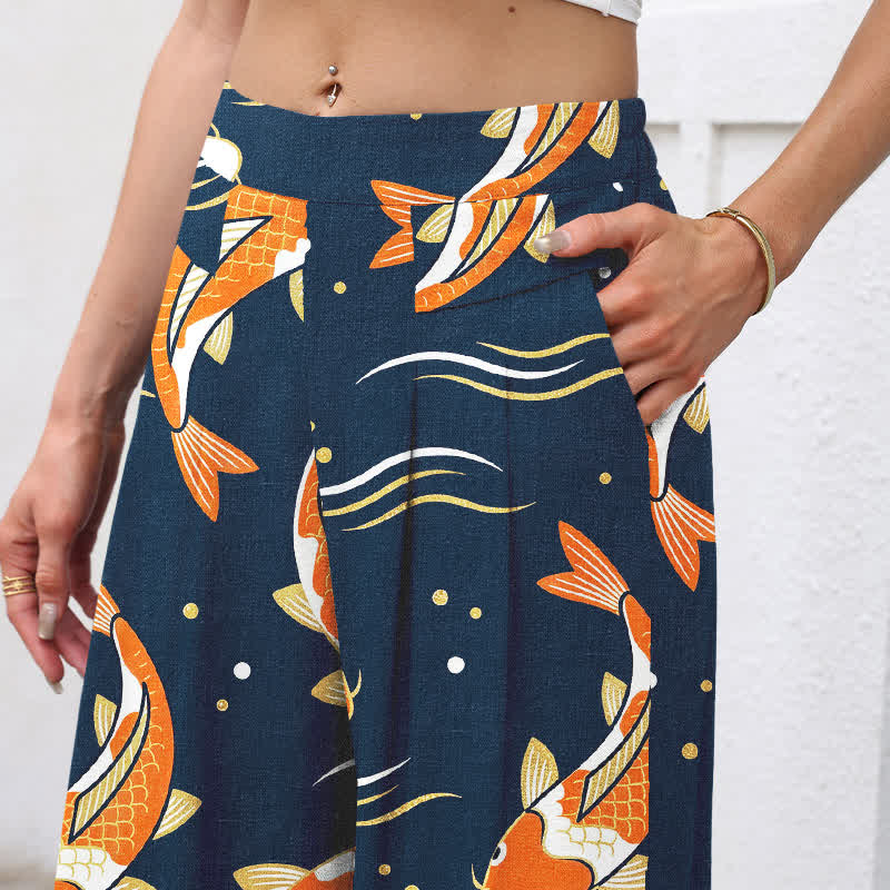 Nimara Ritual Cotton Linen Koi Fish Pattern Women's Elastic Waist Wide Leg Pants With Pockets