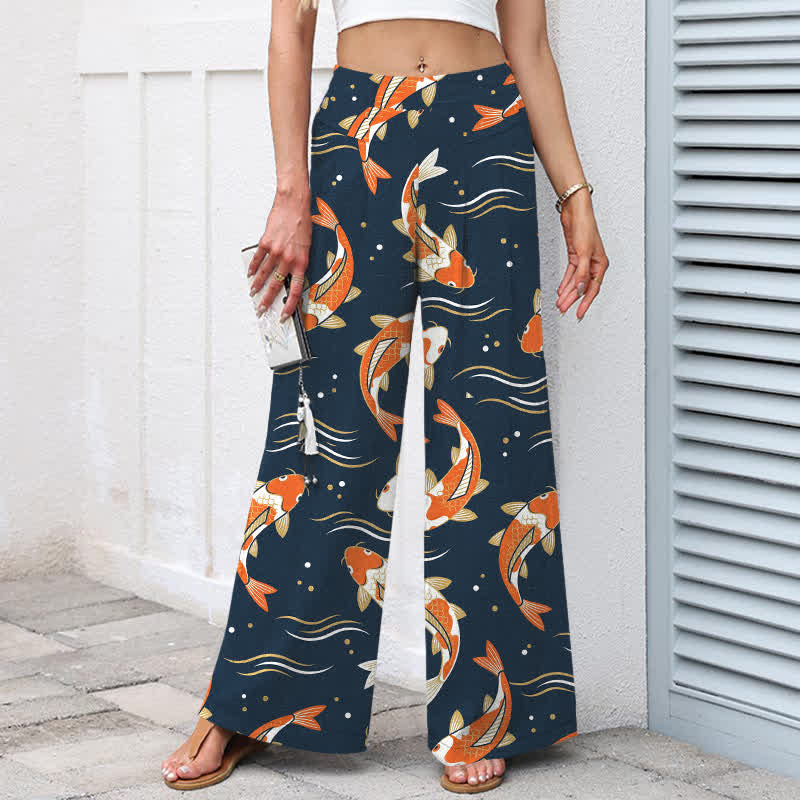Nimara Ritual Cotton Linen Koi Fish Pattern Women's Elastic Waist Wide Leg Pants With Pockets