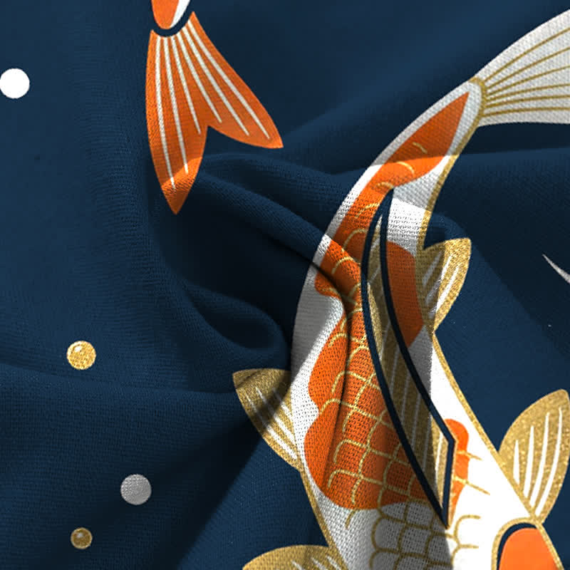 Nimara Ritual Cotton Linen Koi Fish Pattern Women's Elastic Waist Wide Leg Pants With Pockets