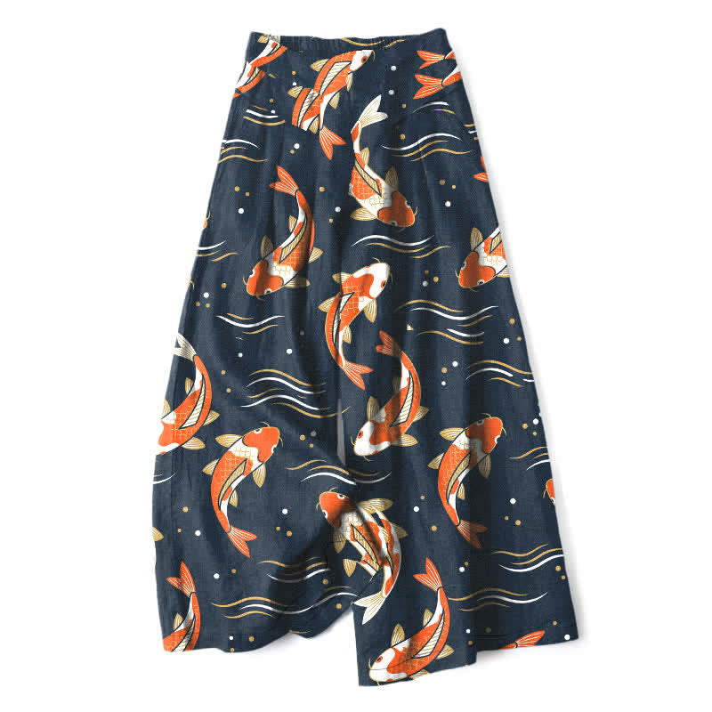 Nimara Ritual Cotton Linen Koi Fish Pattern Women's Elastic Waist Wide Leg Pants With Pockets