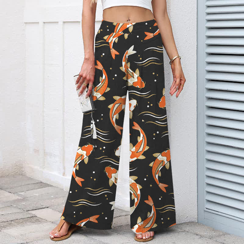 Nimara Ritual Cotton Linen Koi Fish Pattern Women's Elastic Waist Wide Leg Pants With Pockets