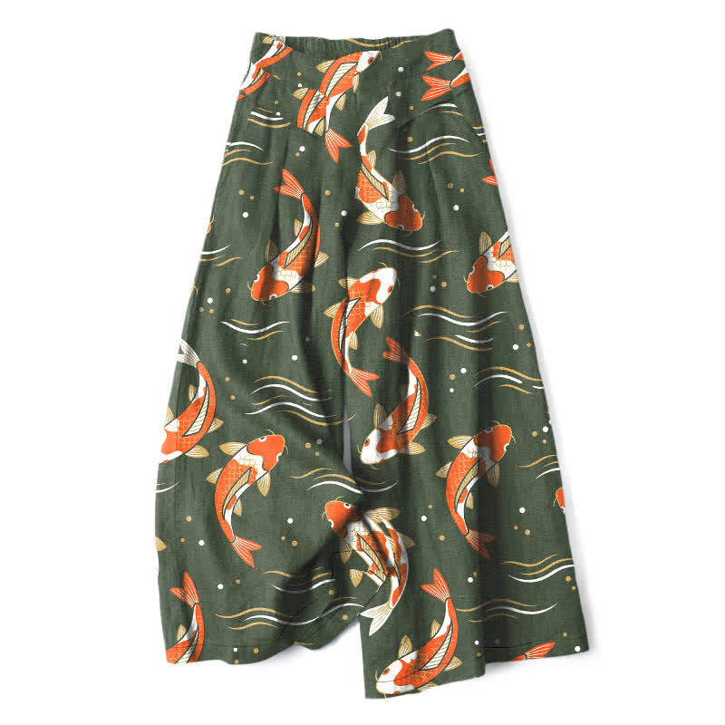 Nimara Ritual Cotton Linen Koi Fish Pattern Women's Elastic Waist Wide Leg Pants With Pockets